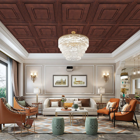 STICKGOO 3D grooved antique copper ceiling tile adds depth and light play