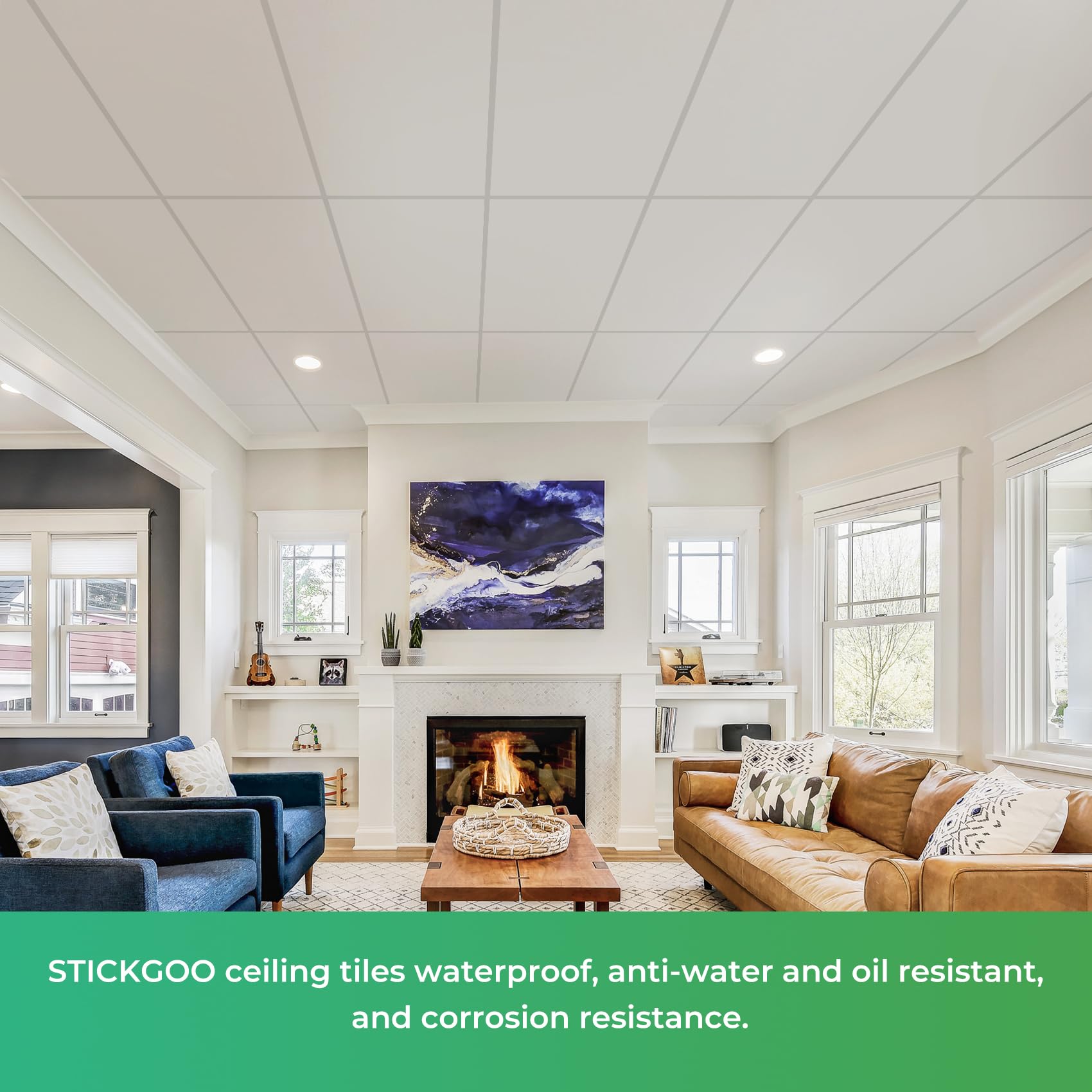 Stickgoo ceiling tiles fit 15/16 inch grids for simple installation.