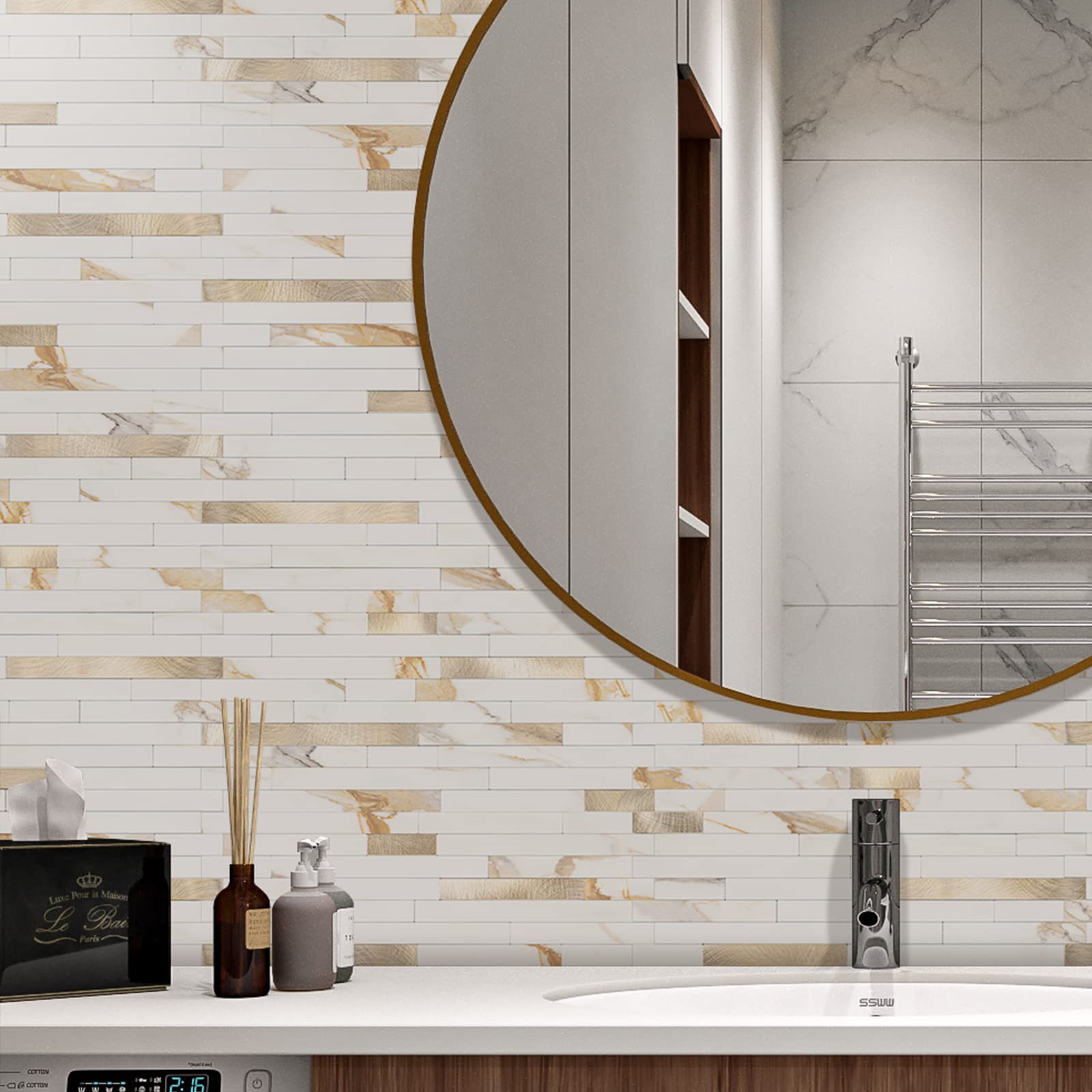 STICKGOO peel-and-stick installation demonstrates quick, tool-free wall transformation.