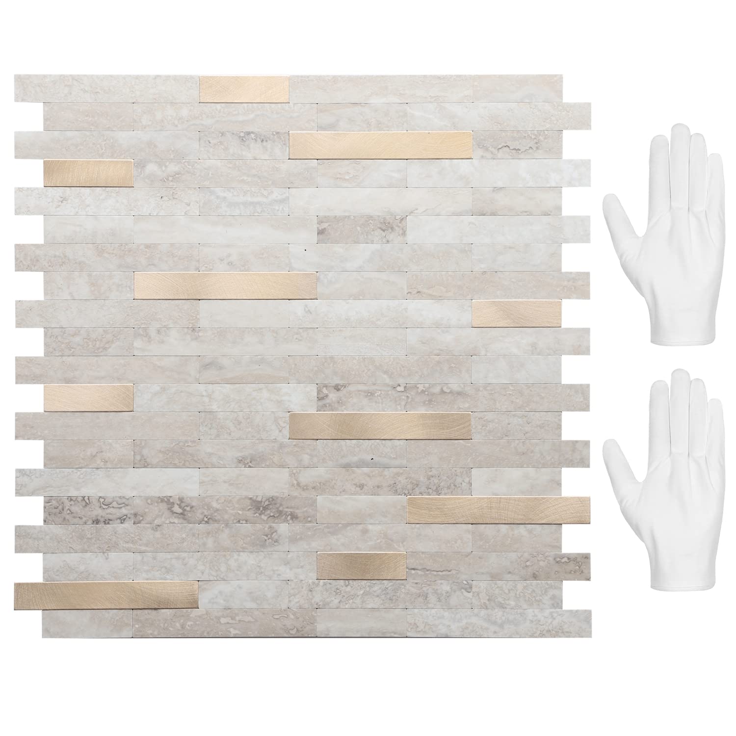 STICKGOO Peel and Stick Backsplash beige with metal gold finish for quick, mess-free installation.