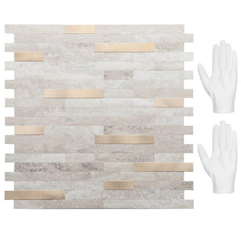 STICKGOO Peel and Stick Backsplash beige with metal gold finish for quick, mess-free installation.