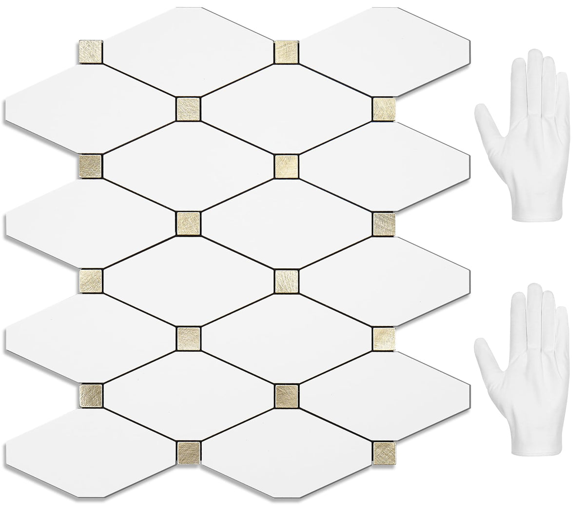 STICKGOO pure white marble look backsplash tiles with glossy finish for quick kitchen upgrade.