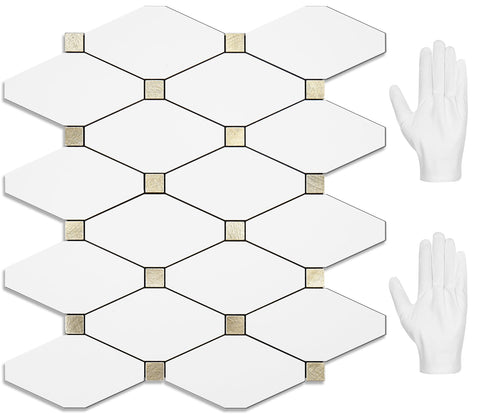 STICKGOO pure white marble look backsplash tiles with glossy finish for quick kitchen upgrade.