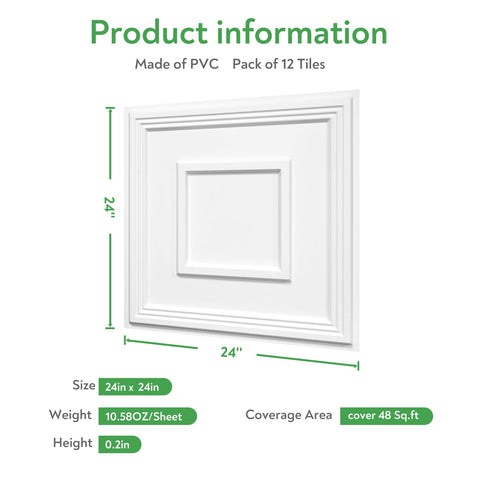 Pack of 12 tiles covers 48 sq ft, a neat ceiling upgrade