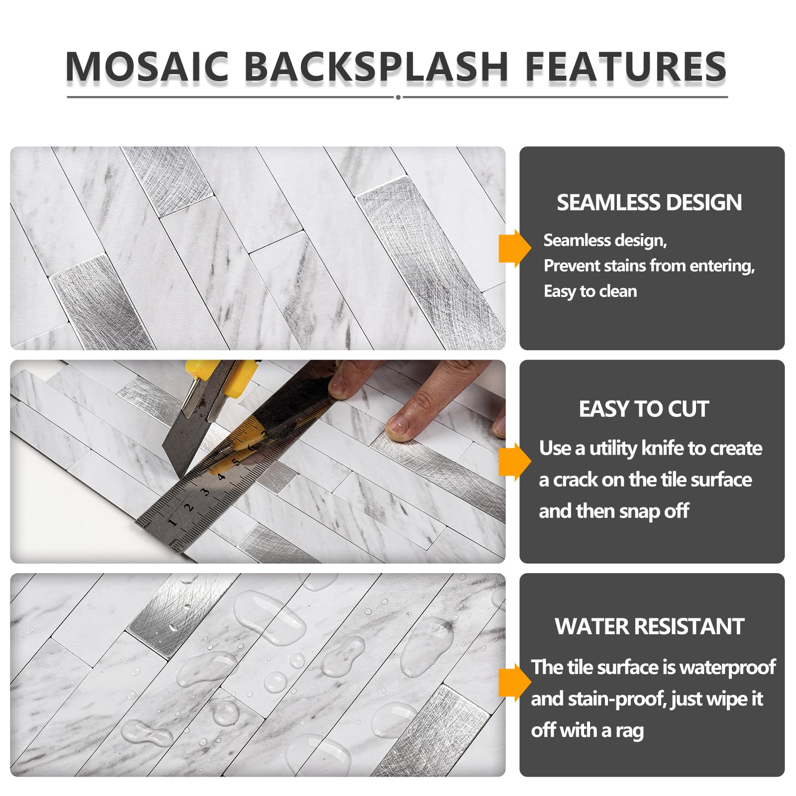 STICKGOO PVC mixed metal silver tiles resist water and heat for kitchens