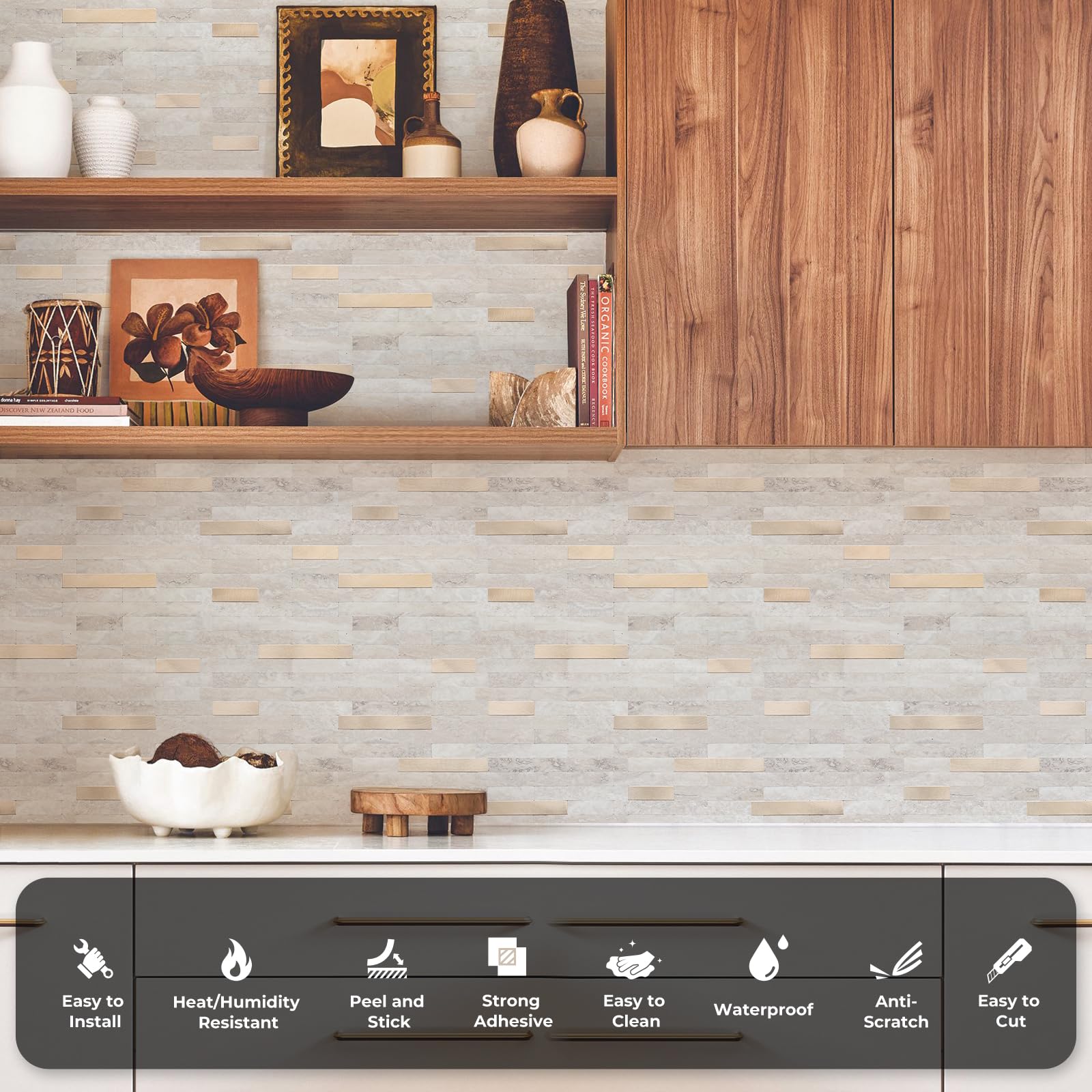 STICKGOO PVC tiles with marble texture for a durable kitchen wall look.