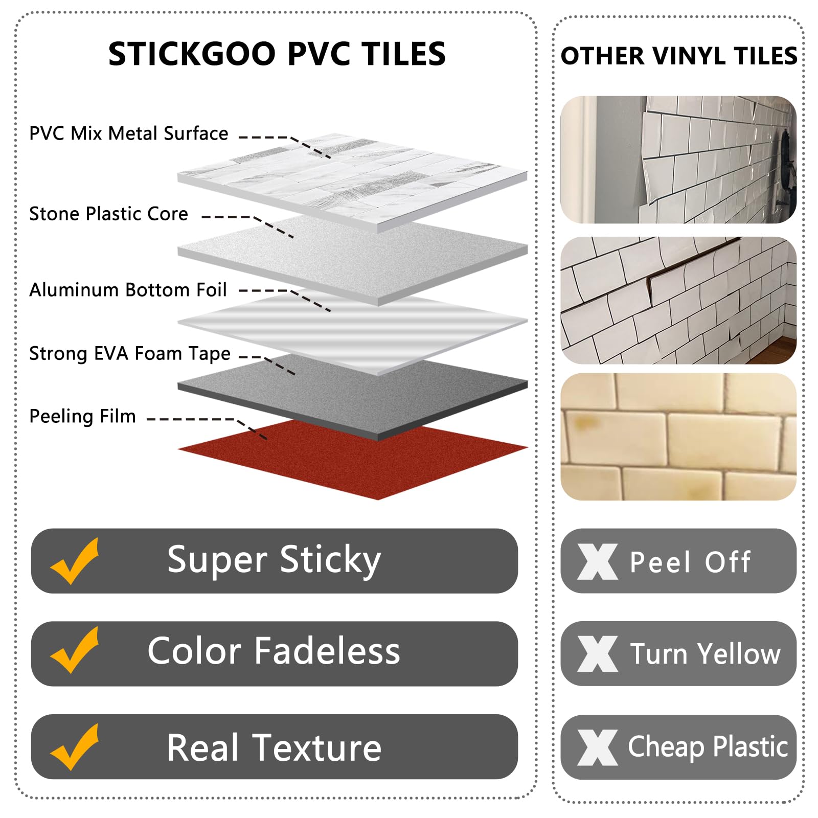 STICKGOO self-adhesive wall tiles install without grout, saving time