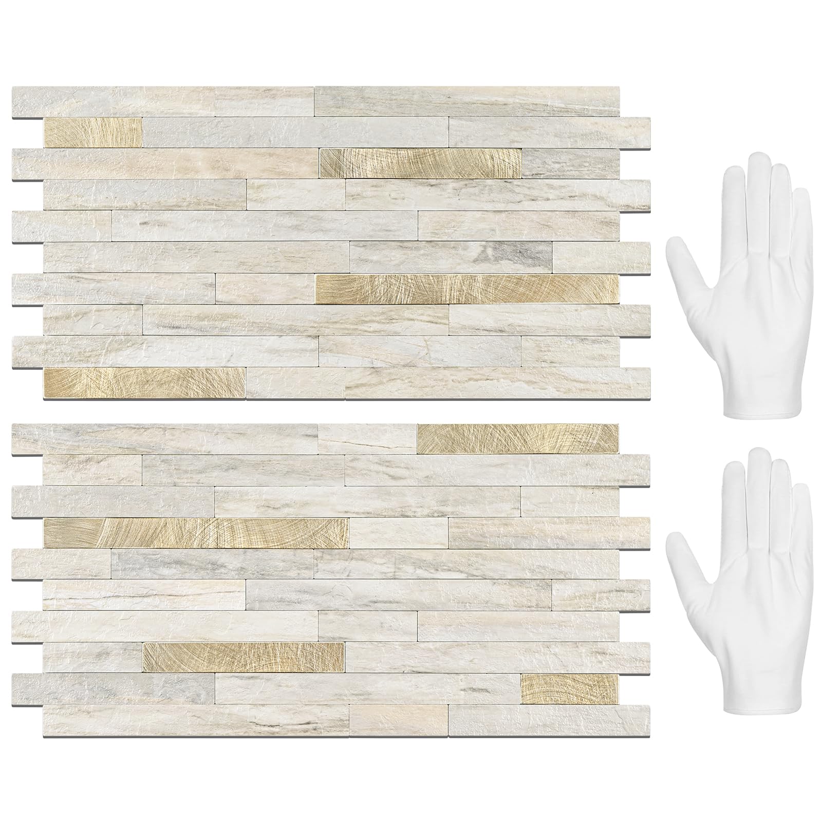 STICKGOO Sunny Beige backsplash tiles with a durable PVC mixed-metal finish for kitchens.