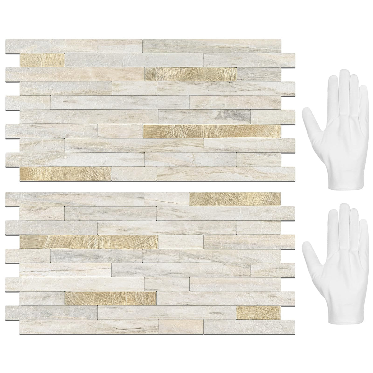 STICKGOO Sunny Beige backsplash tiles with a durable PVC mixed-metal finish for kitchens.
