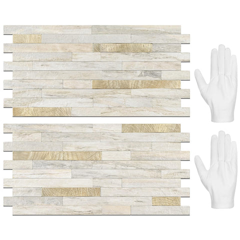 STICKGOO Sunny Beige backsplash tiles with a durable PVC mixed-metal finish for kitchens.