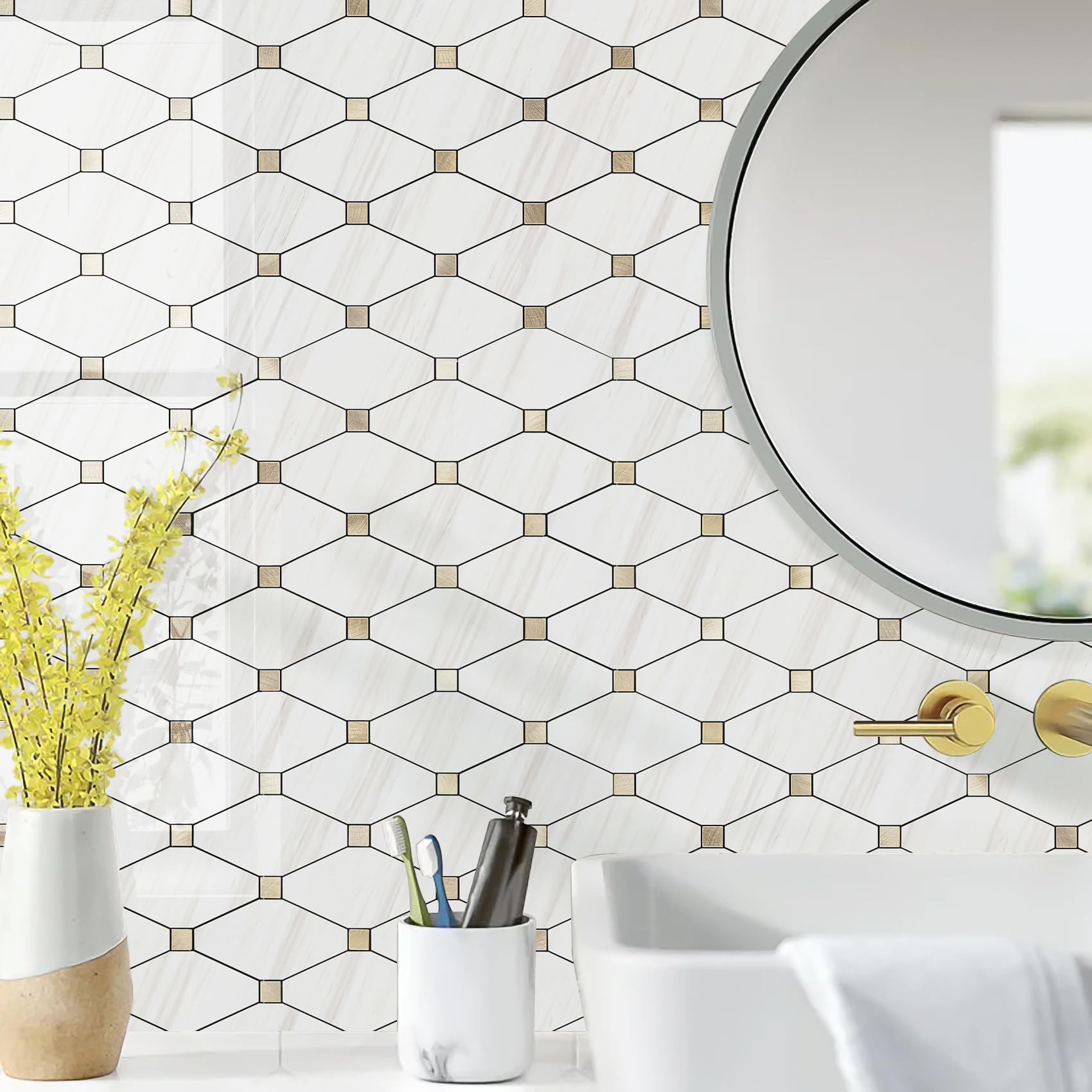 STICKGOO waterproof and heat-resistant tiles stand up to kitchen splashes.