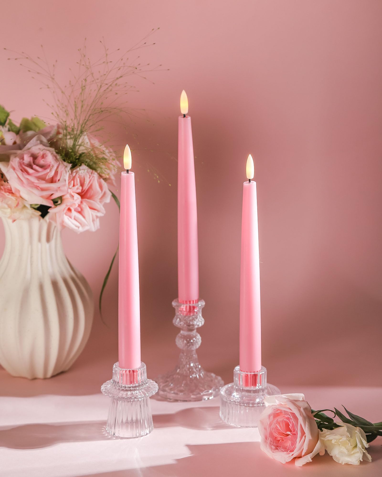 Stmarry 9.65-inch pink taper candles show tall, elegant table accents.