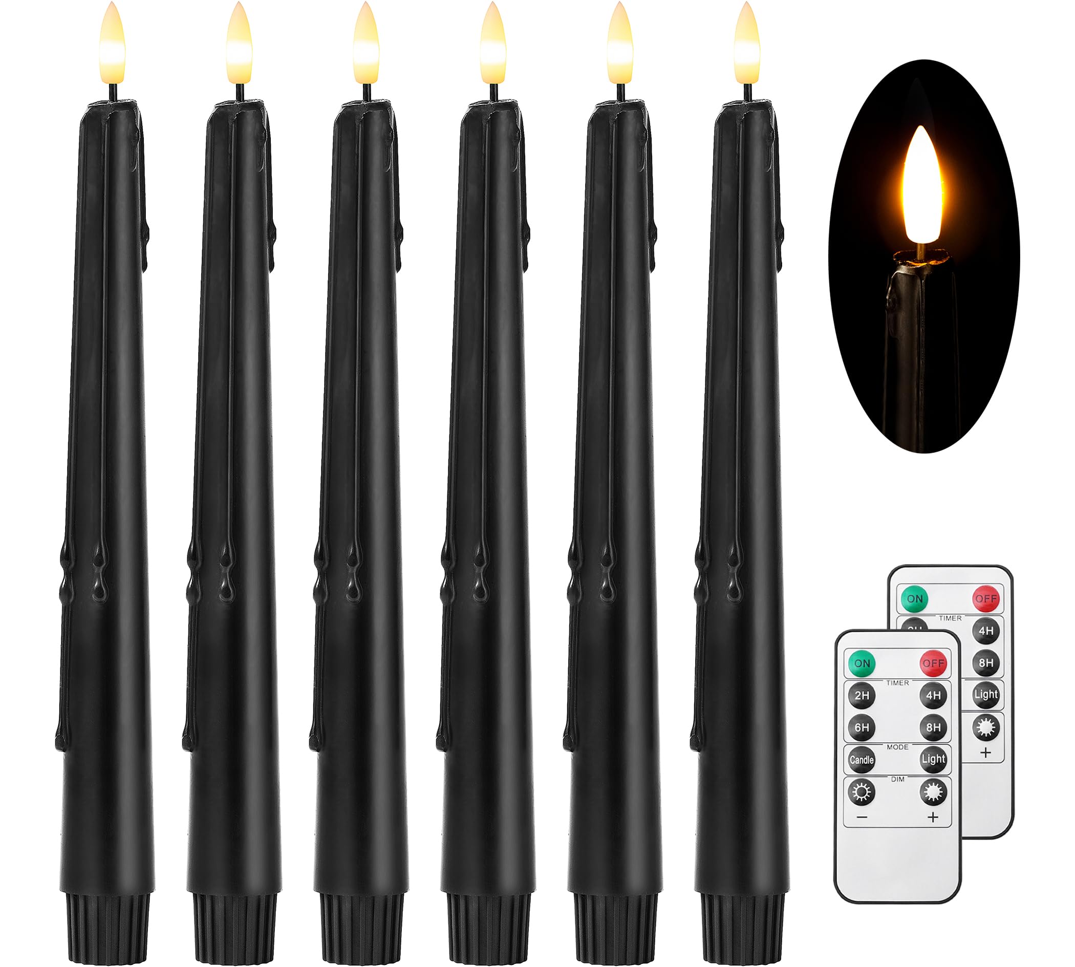Stmarry black flameless taper candles with remote timer on table for safe Halloween ambiance.