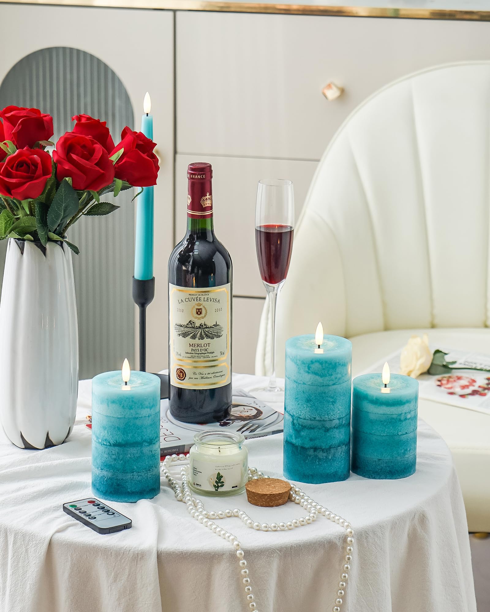 Stmarry gradient teal flameless candle remote, 3x5 inch size, ideal for cozy table lighting.