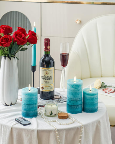 Stmarry gradient teal flameless candle remote, 3x5 inch size, ideal for cozy table lighting.