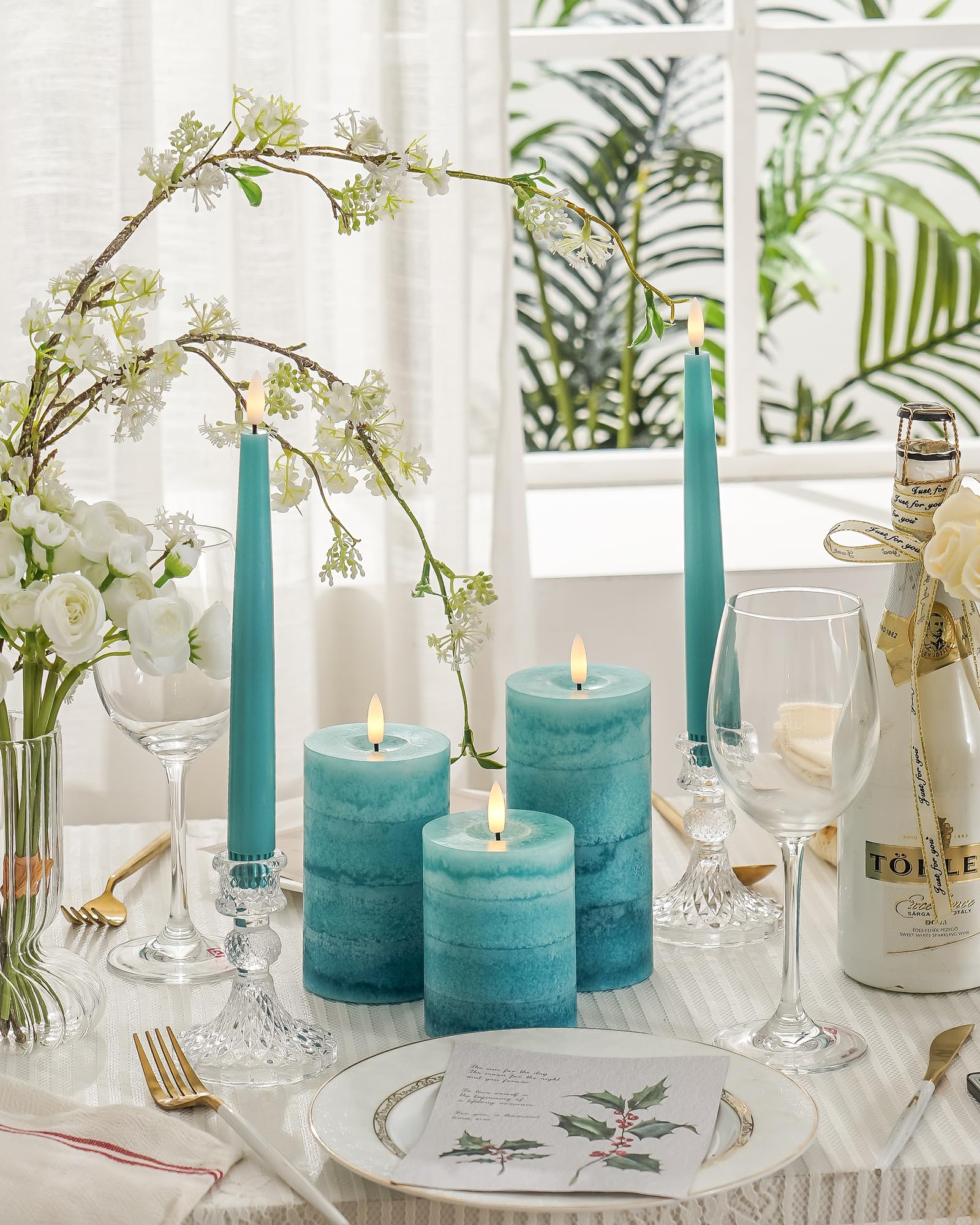 Stmarry gradient teal flameless candle remote, 3x6 inch size, soft flicker.