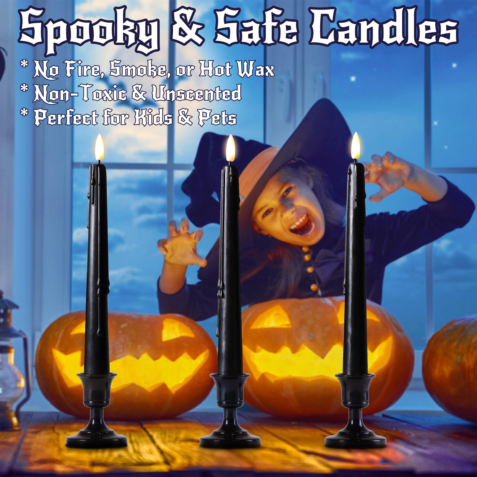 Stmarry black taper candles safe around kids and pets.
