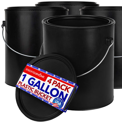 Stock Your Home all-plastic paint can four-pack with leak-resistant buckets for reliable storage.
