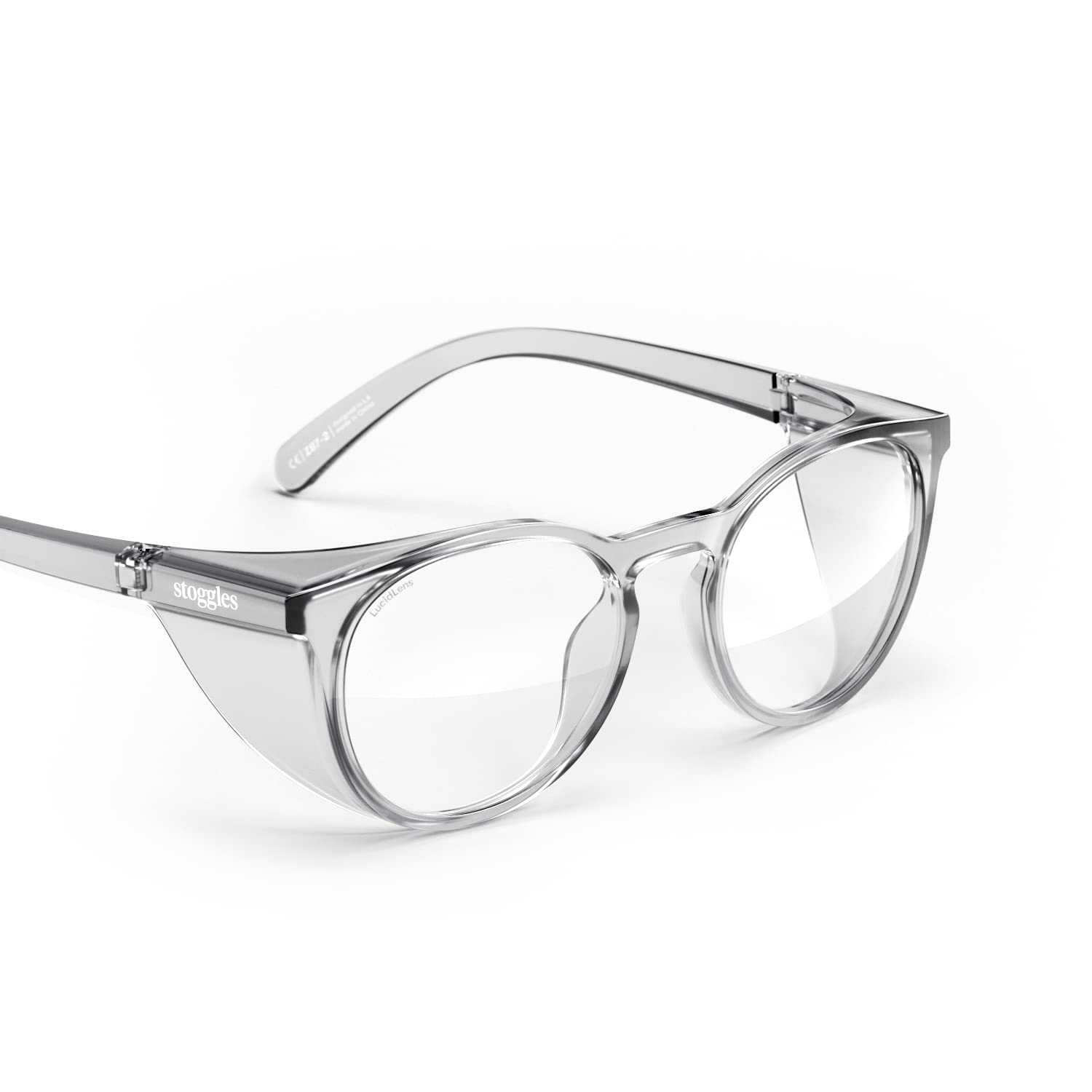 Stoggles round Z87.1 frame closeup shows lightweight comfort and certified safety.