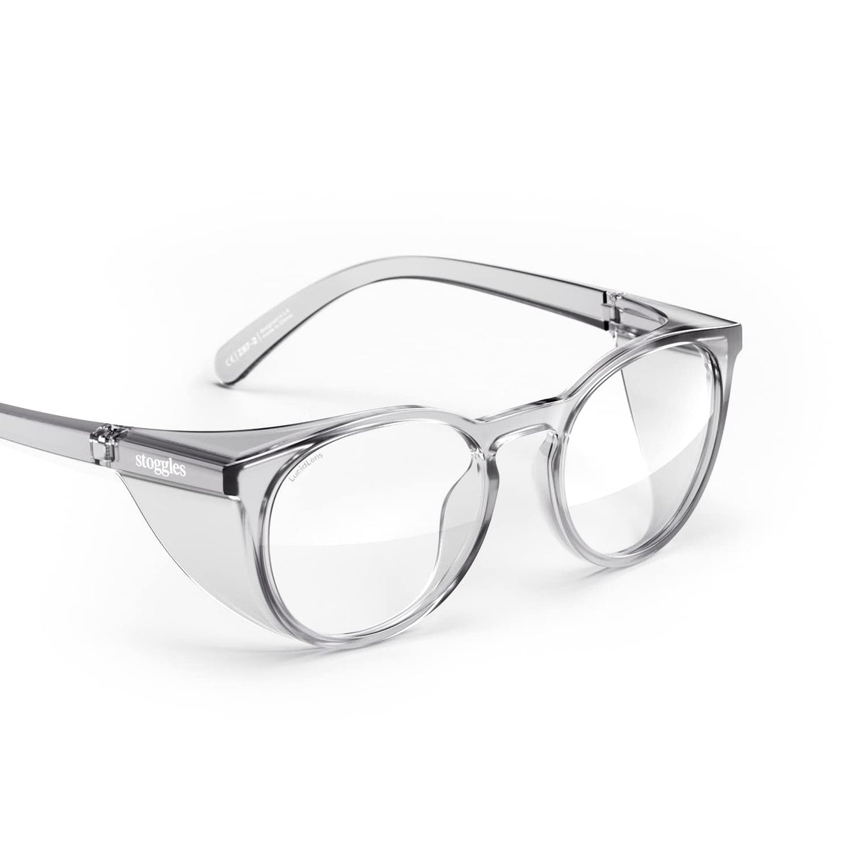 Stoggles round Z87.1 frame closeup shows lightweight comfort and certified safety.