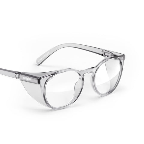Stoggles round Z87.1 frame closeup shows lightweight comfort and certified safety.
