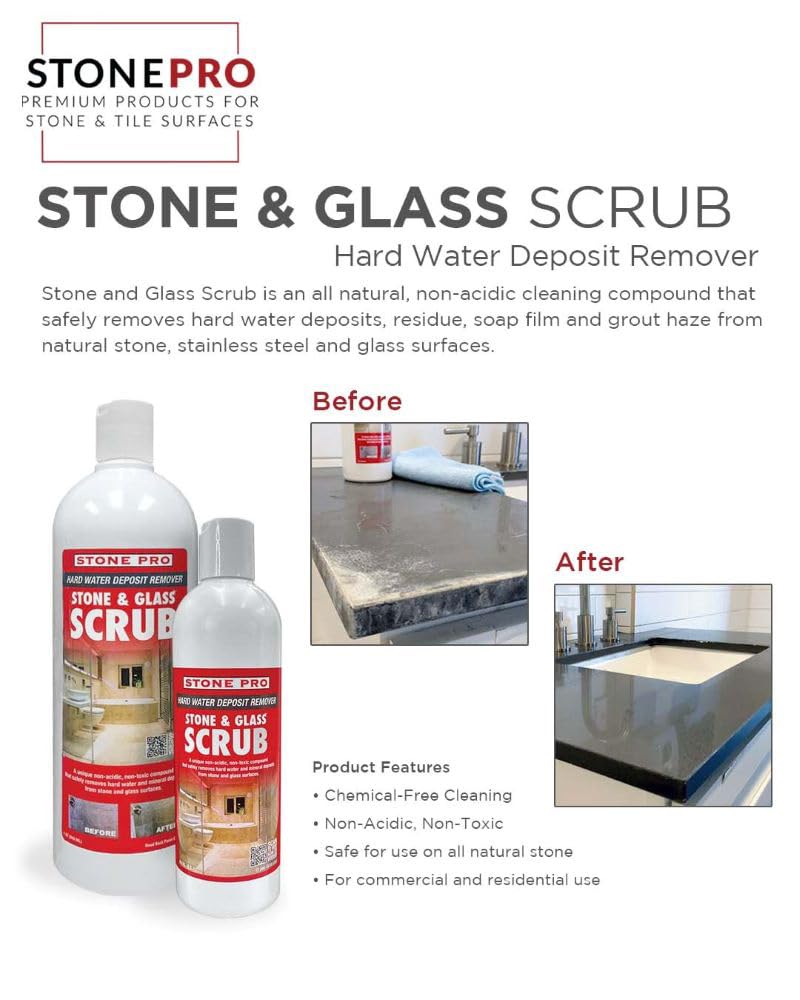 Stone Pro Stone and Glass Scrub glass cleaning showing mineral stain removal on glass surfaces.
