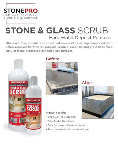 Stone Pro Stone and Glass Scrub glass cleaning showing mineral stain removal on glass surfaces.
