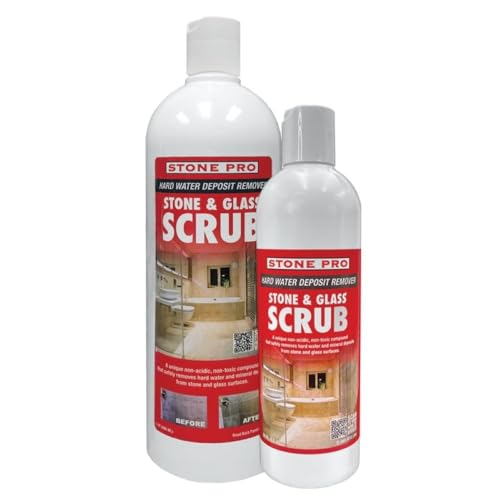 Stone Pro Stone and Glass Scrub label highlights trusted cleaning solution for delicate materials and everyday use.