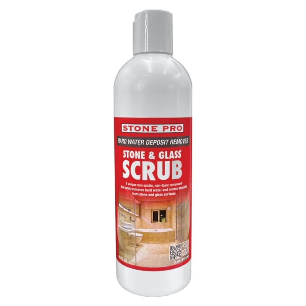 Stone Pro Stone and Glass Scrub pour bottle enables easy application for hard water stains on multiple surfaces.