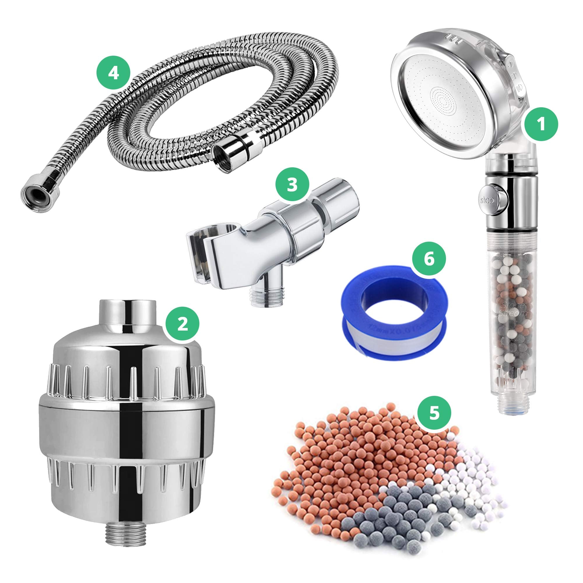 StoneStream EcoPower shower head with wall adapter for efficient water use.
