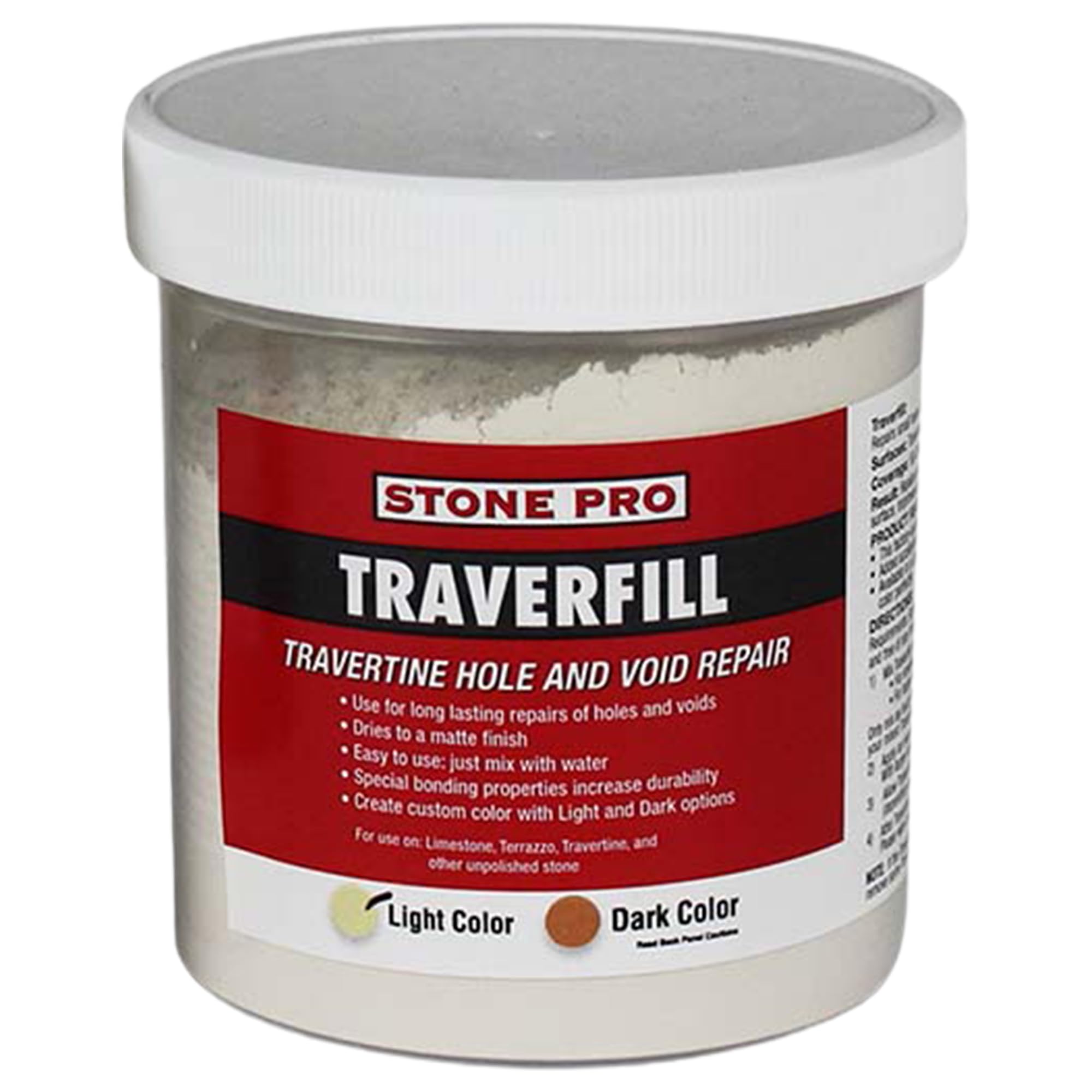 StonePro Traverfill light powder blends with pale travertine for seamless repairs.