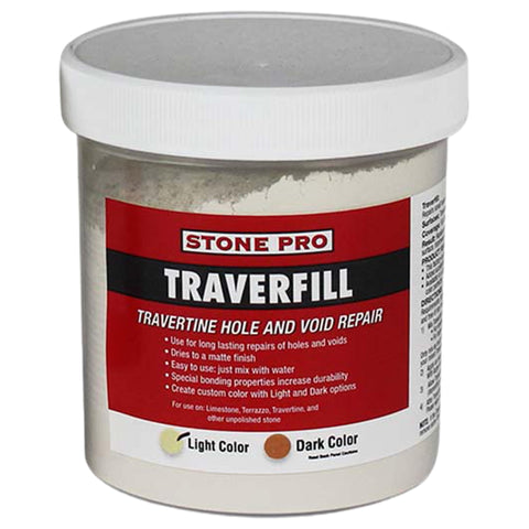 StonePro Traverfill light powder blends with pale travertine for seamless repairs.