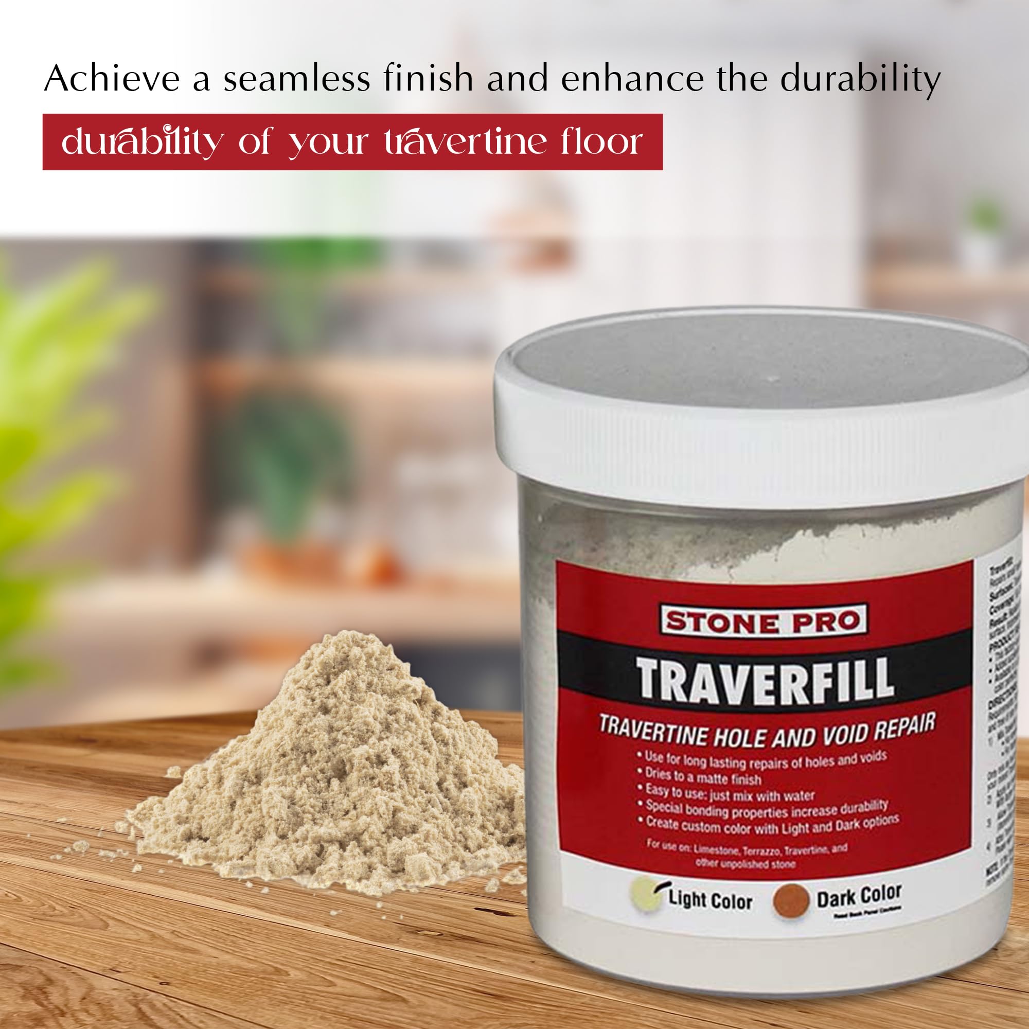 StonePro Traverfill paste after mixing provides precise pit filling for travertine.