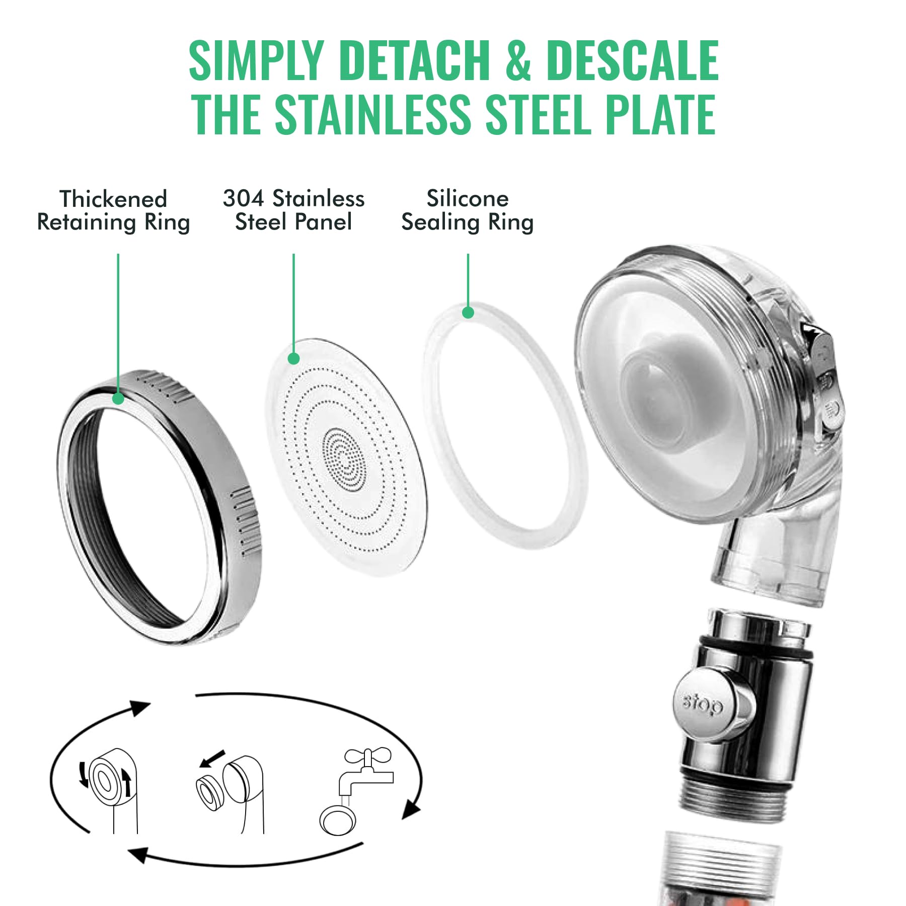 Mineral bead chamber softens hard water for smoother skin and hair