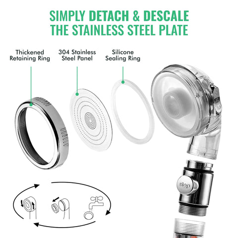 Mineral bead chamber softens hard water for smoother skin and hair