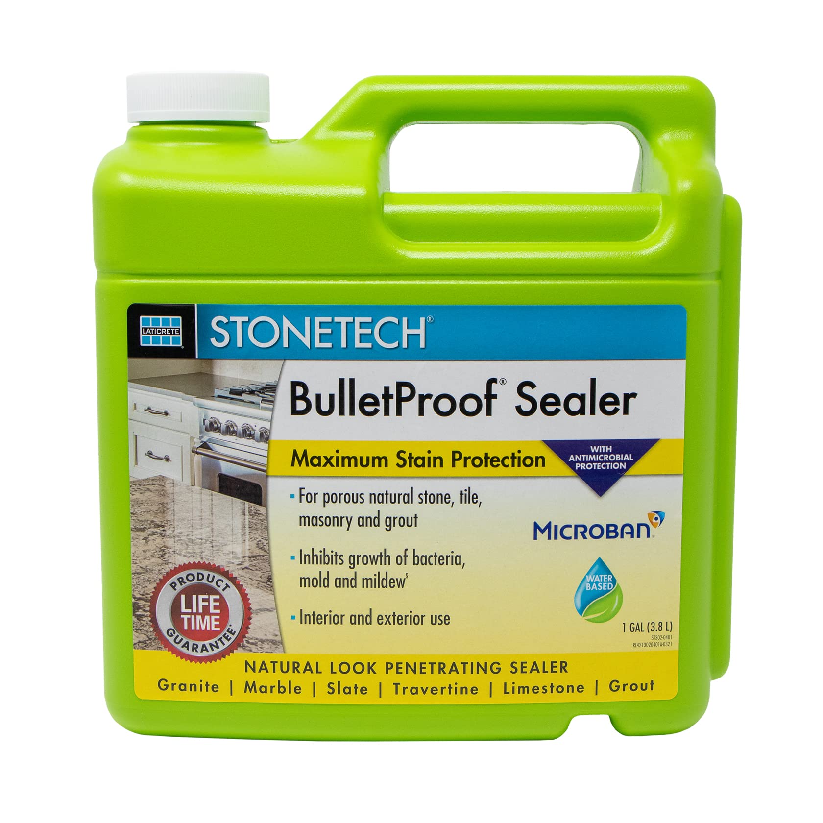 StoneTech BulletProof Sealer bottle pouring to illustrate protective action on stone surfaces.