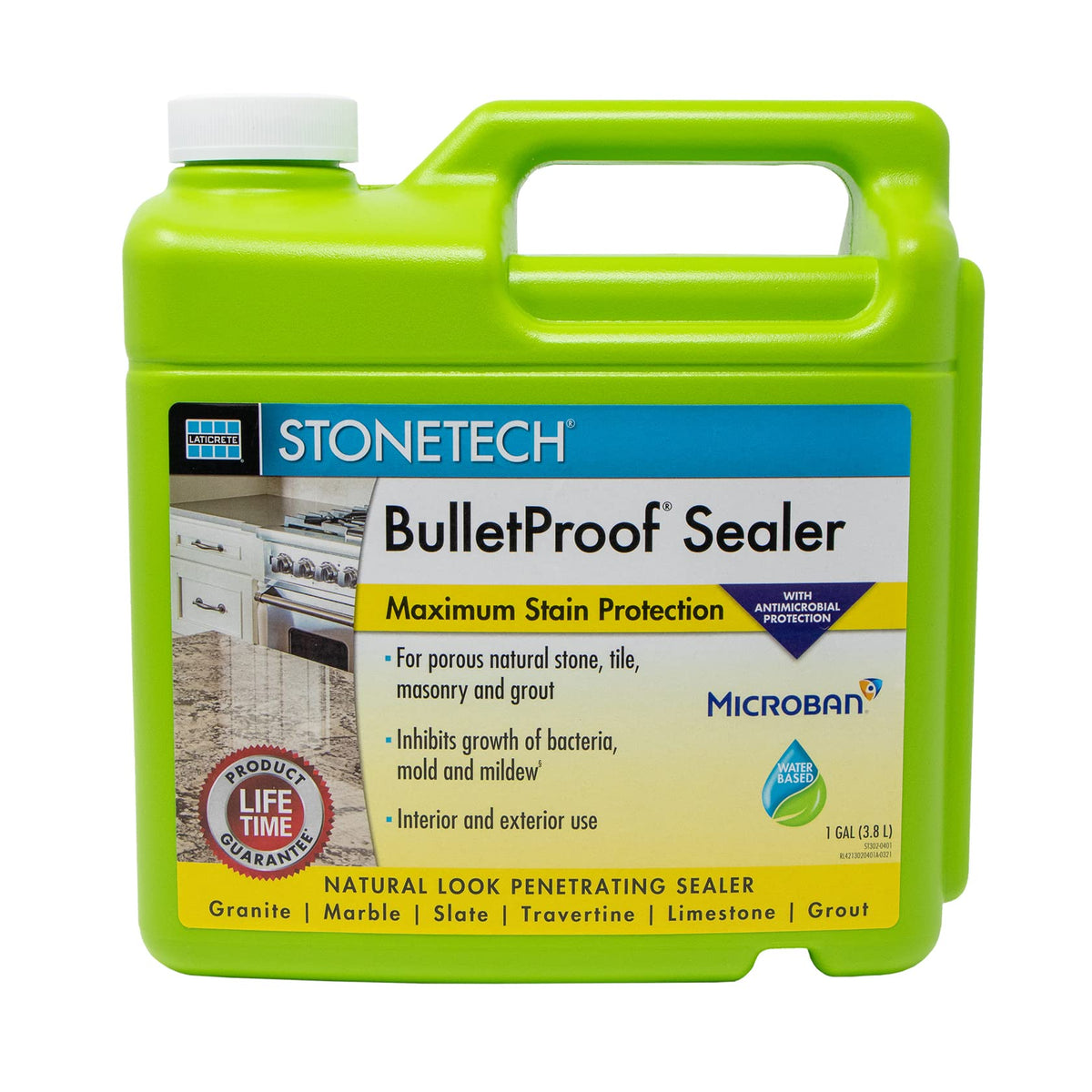 StoneTech BulletProof Sealer bottle pouring to illustrate protective action on stone surfaces.