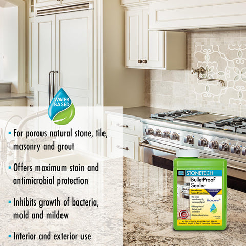 StoneTech BulletProof Sealer being brushed onto porous stone for lasting protection.