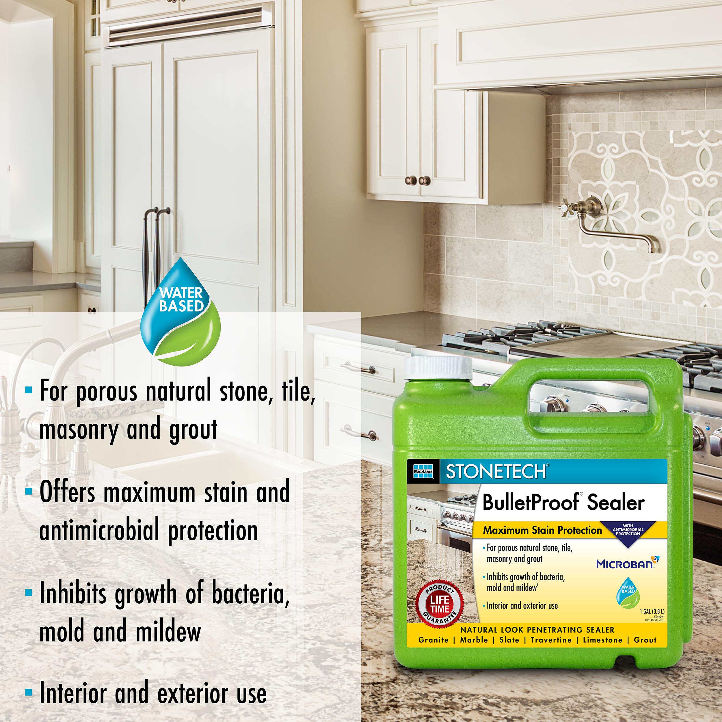 StoneTech BulletProof Sealer protecting a porous natural stone surface and grout.