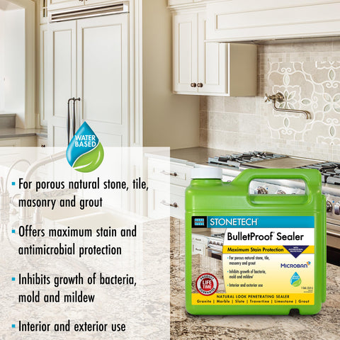 StoneTech BulletProof Sealer protecting a porous natural stone surface and grout.