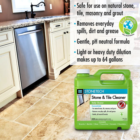 StoneTech cleaner on backsplash preserves grout and tile shine.