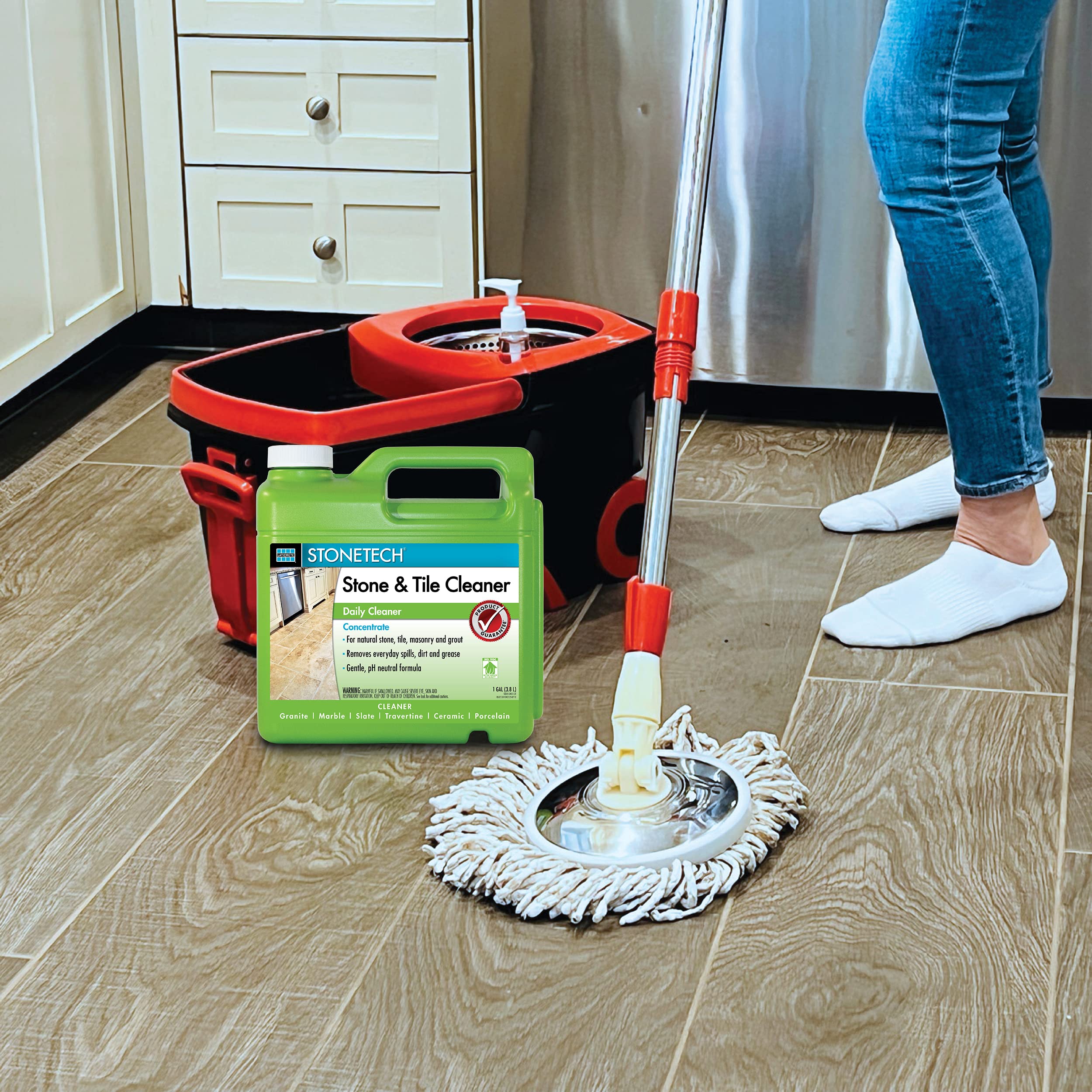 StoneTech cleaner on bathroom vanity scene shows a neutral-scent clean.