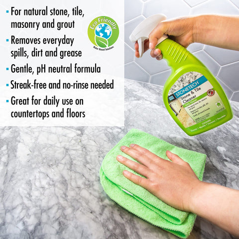 StoneTech daily-use cleaner on kitchen countertop during cleaning.