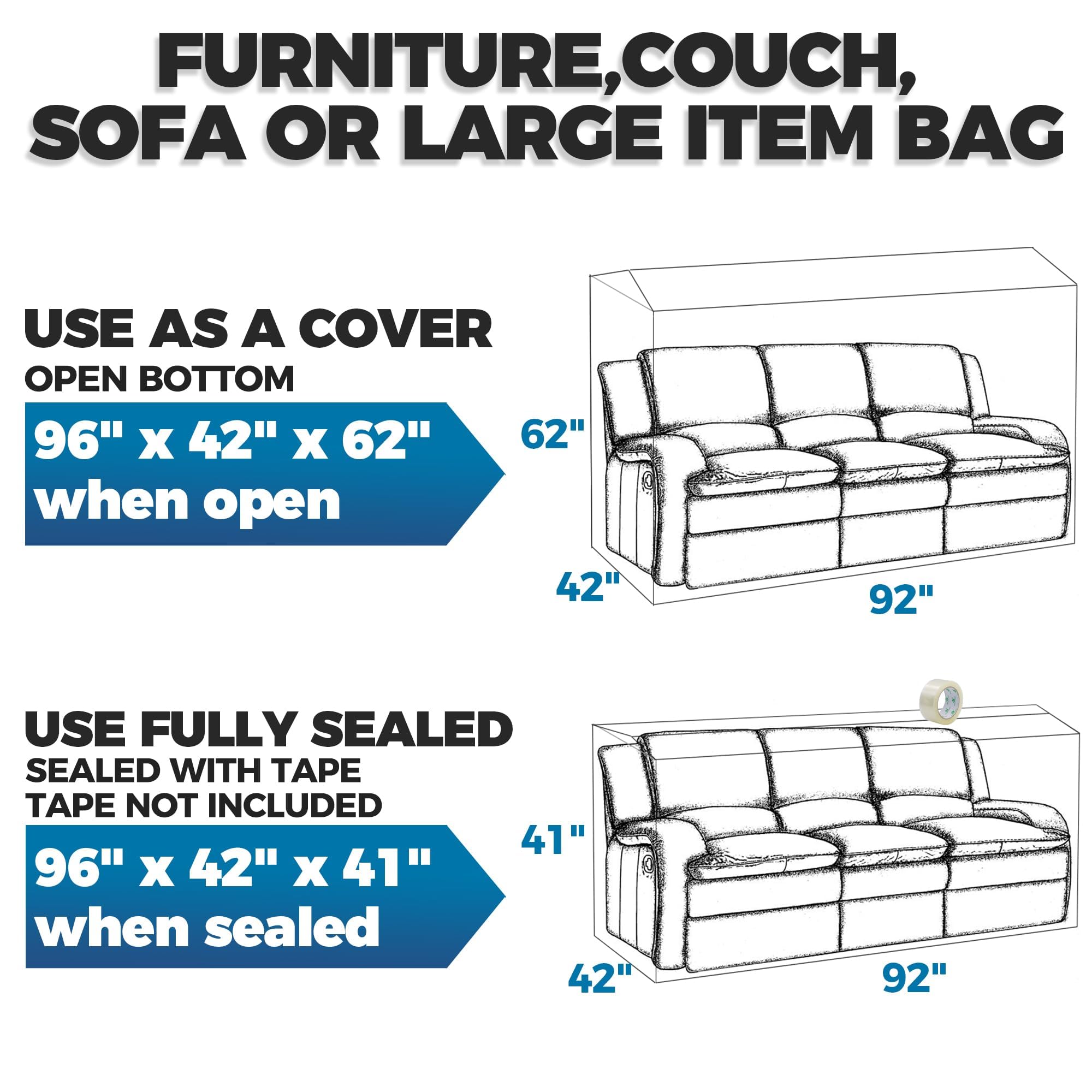 Storage Standard couch cover closed 96x42x41 inches sealing a large sofa.