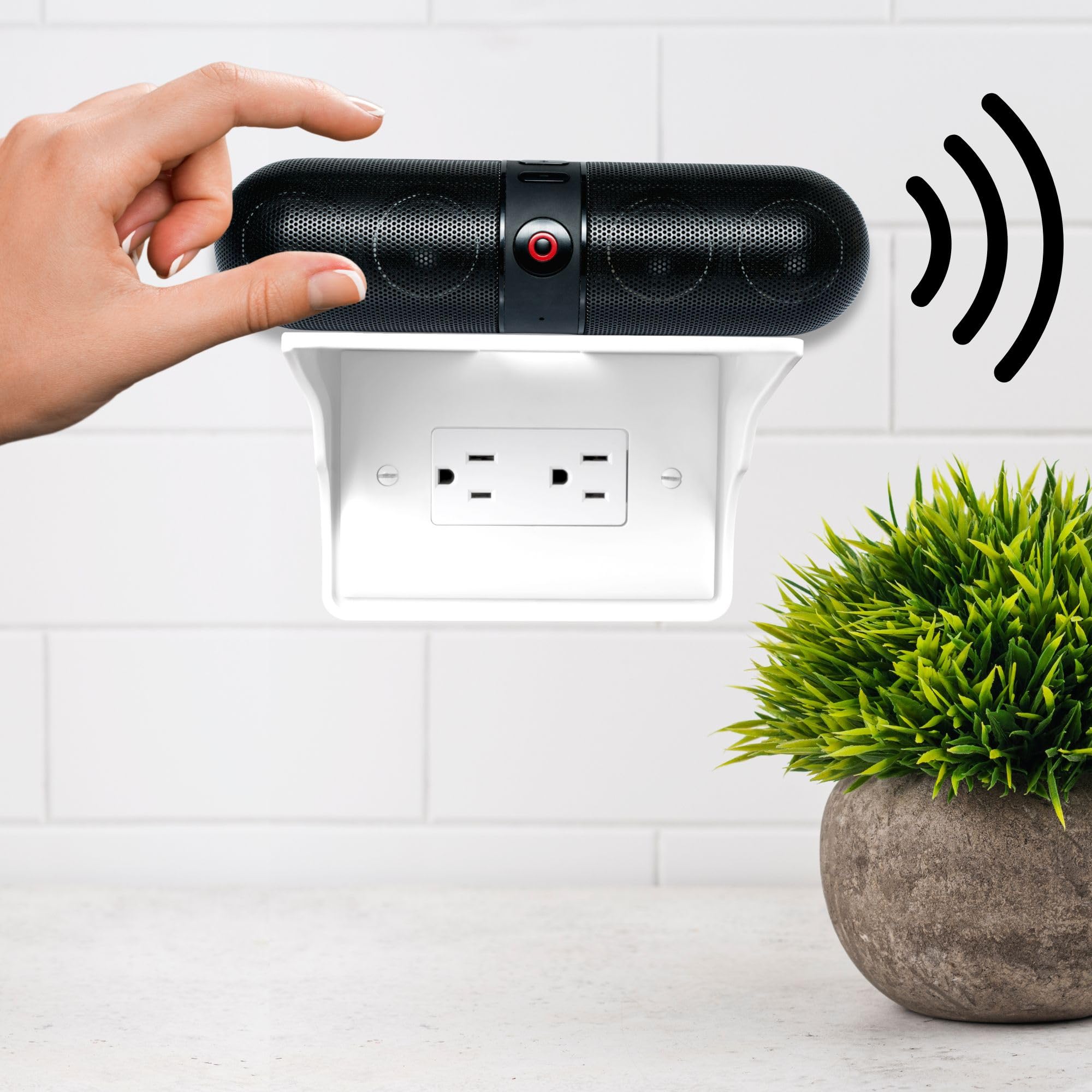 Storage Theory Power Perch holding an Echo Dot on the shelf