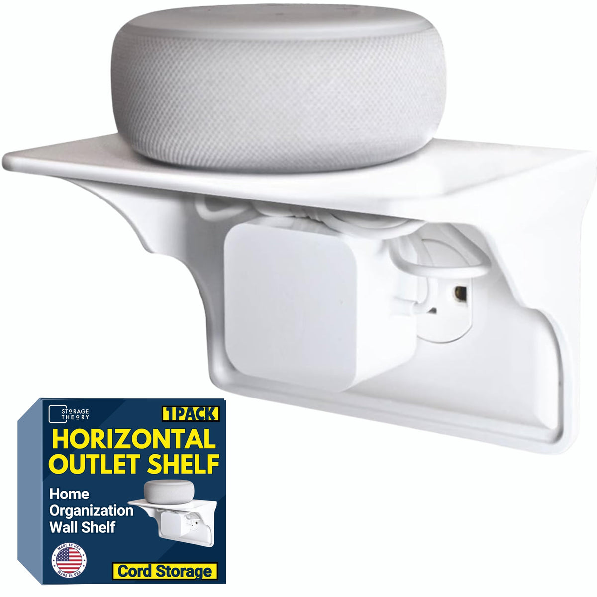 Storage Theory Power Perch mounted under an outlet with a clean shelf for devices