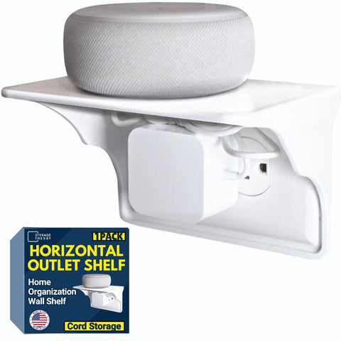 Storage Theory Power Perch mounted under an outlet with a clean shelf for devices