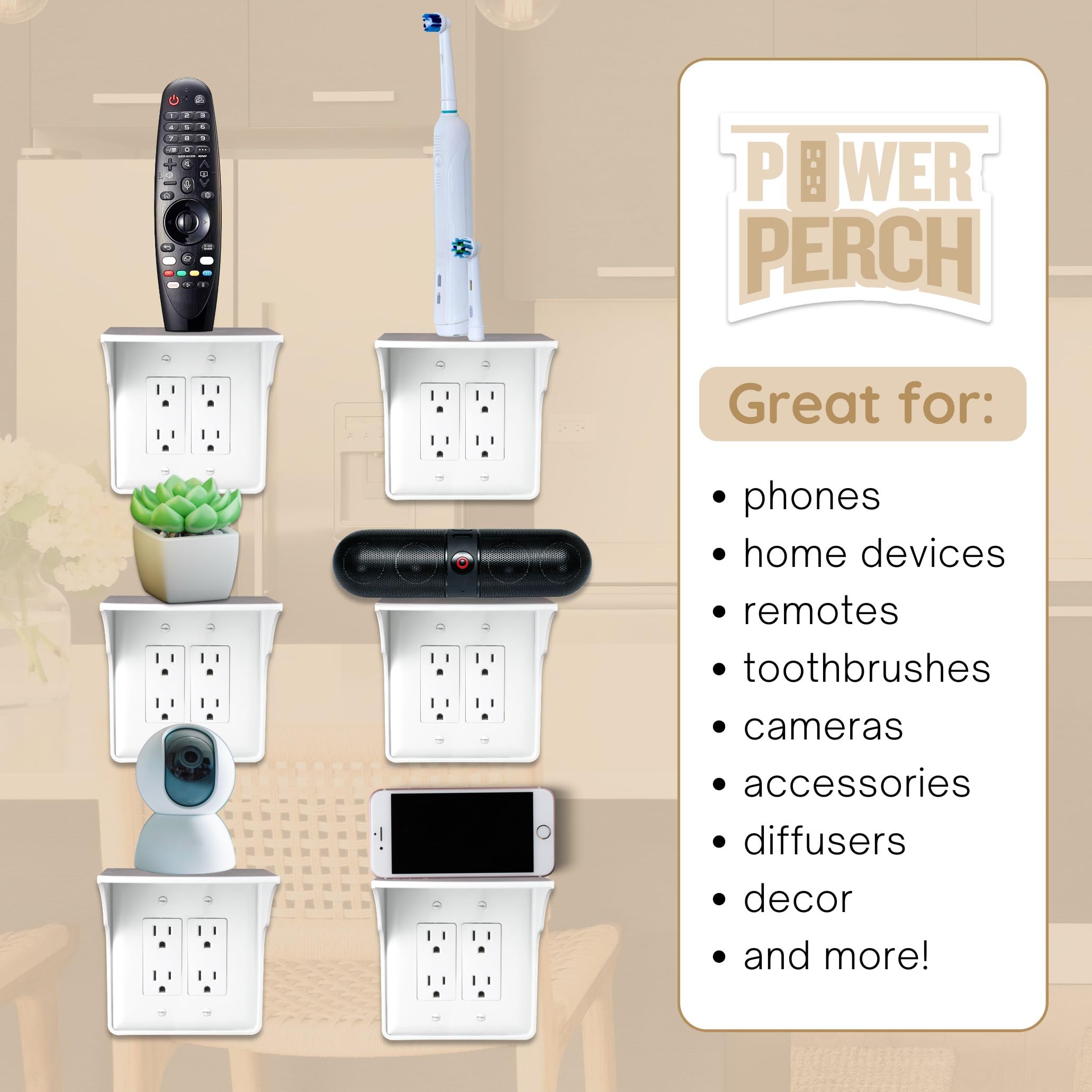 Storage Theory Power Perch smart speaker on shelf for easy access and tidy setup