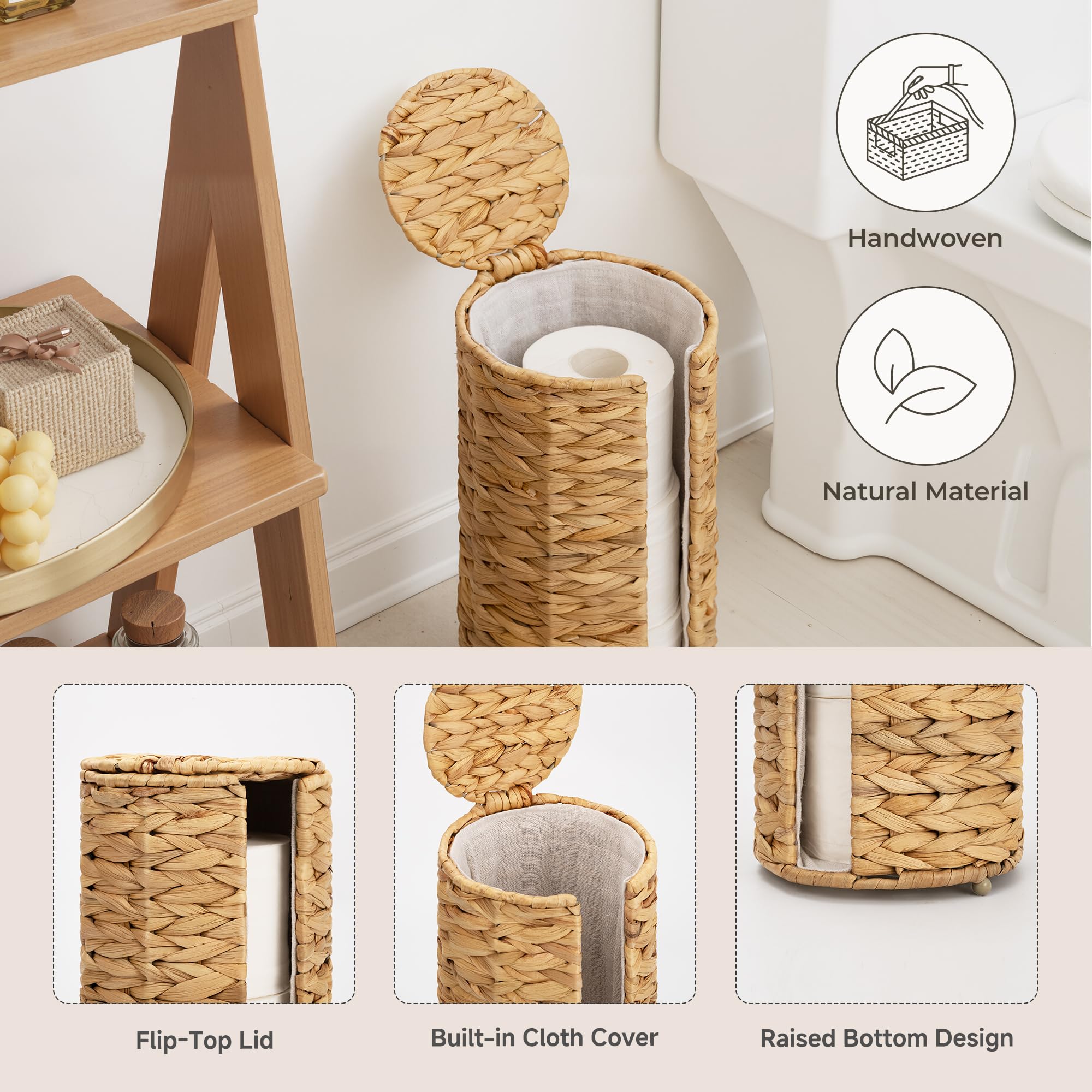 Handwoven water hyacinth texture adds rustic charm to any bathroom