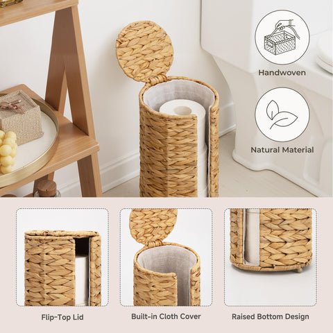 Handwoven water hyacinth texture adds rustic charm to any bathroom